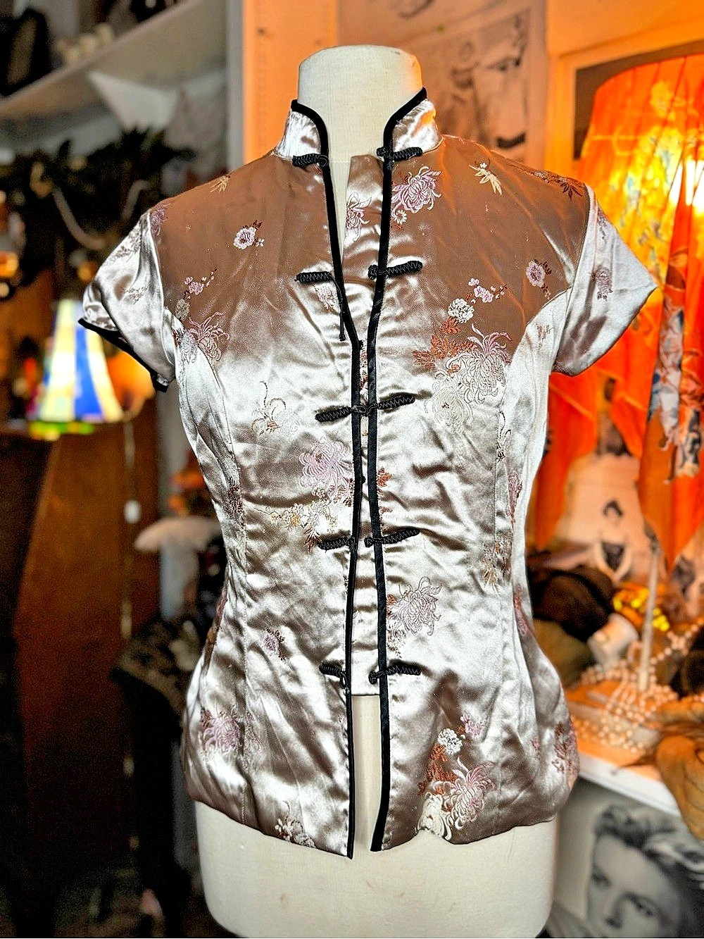 Floral Mandarin Collar Blouse in Pink & Brown Like New
